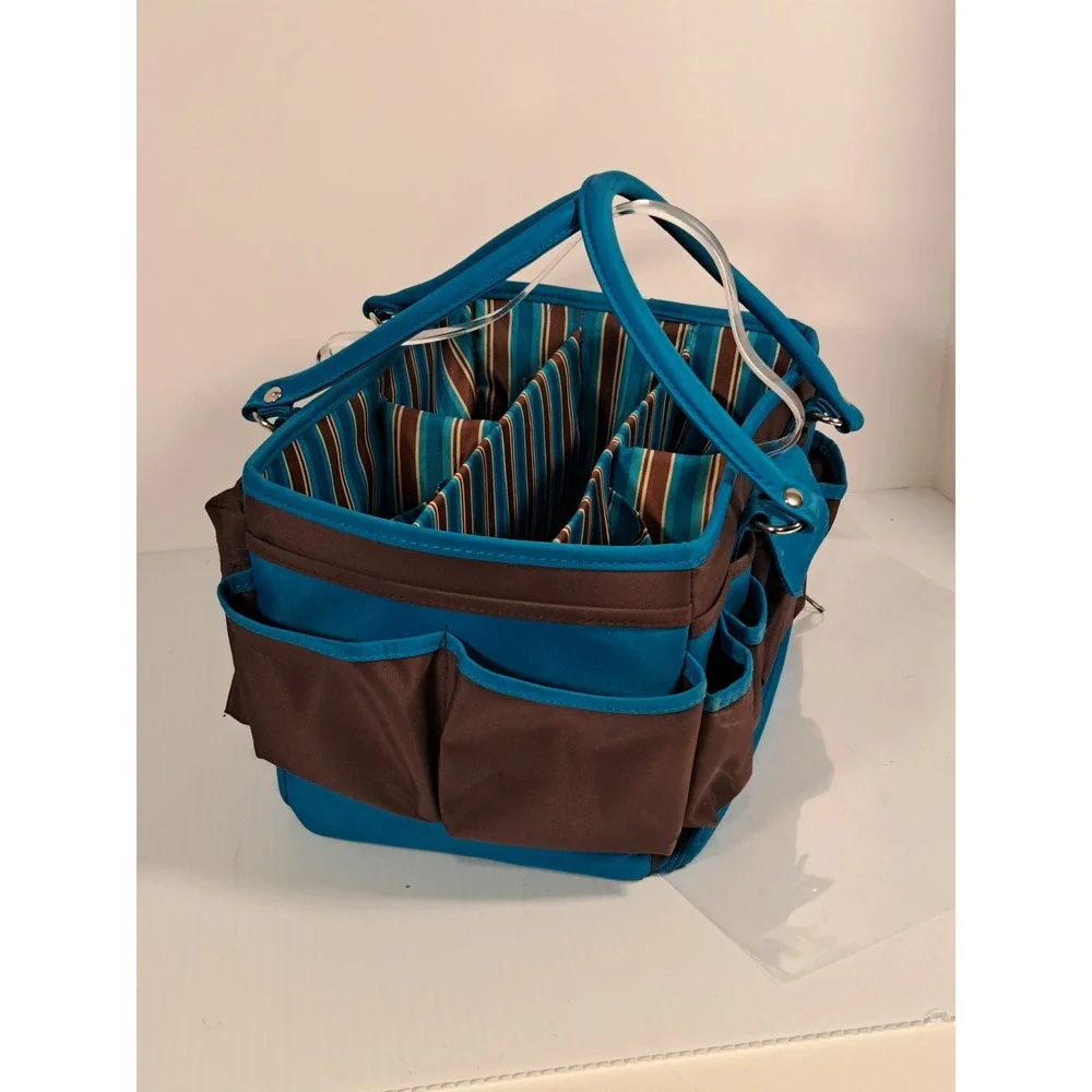 Brown and Teal Blue Multi Pocket Craft Caddy Organizer with Bottom Tray Storage